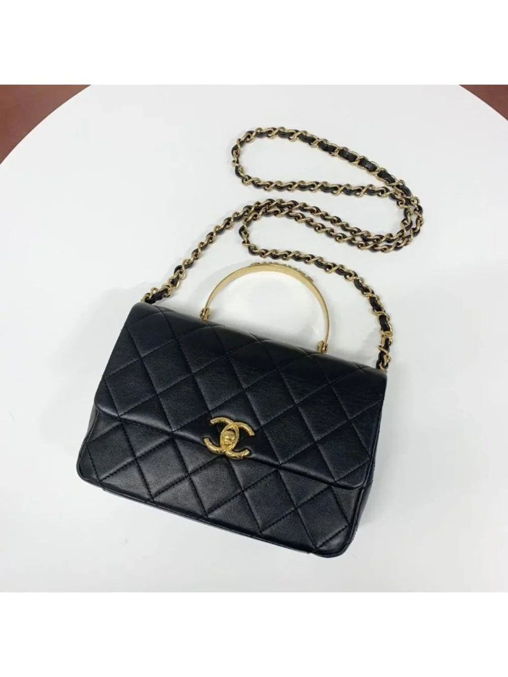 Chanel Quilted Top Handle CC Logo Leather